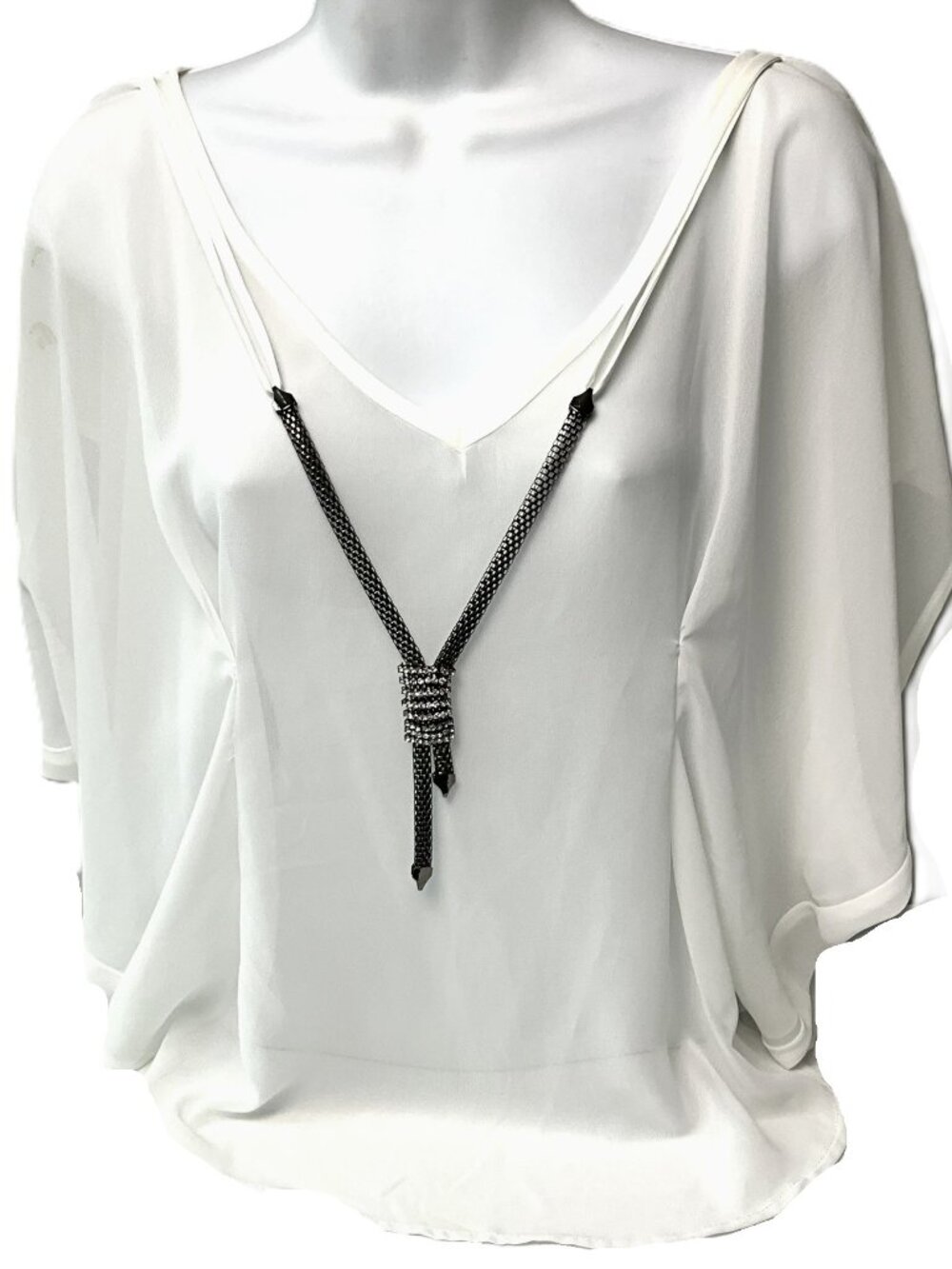 LOVE J White Sheer V-Neck Blouse with Beaded Necklace Detail Short Sleeve Size M